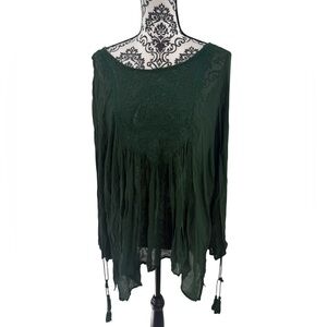 World Market Boho Forest Green Embroidered Peasant Blouse Tassel Sleeve Top L/XL